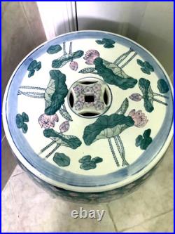 Chinese Ceramic Porcelain Garden Stool Pink Blue Green Lotus Motif Lily Pad Bird
