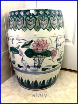 Chinese Ceramic Porcelain Garden Stool Pink Blue Green Lotus Motif Lily Pad Bird