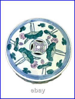 Chinese Ceramic Porcelain Garden Stool Pink Blue Green Lotus Motif Lily Pad Bird
