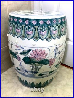 Chinese Ceramic Porcelain Garden Stool Pink Blue Green Lotus Motif Lily Pad Bird