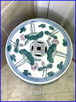 Chinese Ceramic Porcelain Garden Stool Pink Blue Green Lotus Motif Lily Pad Bird