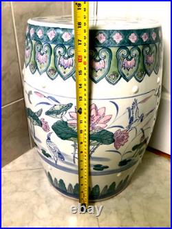 Chinese Ceramic Porcelain Garden Stool Pink Blue Green Lotus Motif Lily Pad Bird