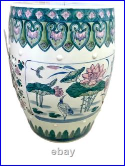 Chinese Ceramic Porcelain Garden Stool Pink Blue Green Lotus Motif Lily Pad Bird