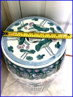 Chinese Ceramic Porcelain Garden Stool Pink Blue Green Lotus Motif Lily Pad Bird