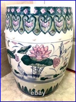 Chinese Ceramic Porcelain Garden Stool Pink Blue Green Lotus Motif Lily Pad Bird
