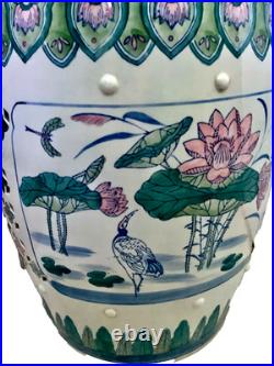 Chinese Ceramic Porcelain Garden Stool Pink Blue Green Lotus Motif Lily Pad Bird