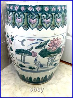 Chinese Ceramic Porcelain Garden Stool Pink Blue Green Lotus Motif Lily Pad Bird