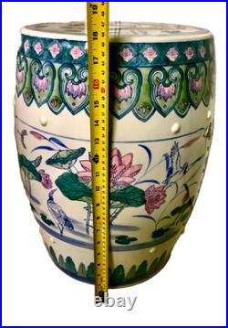 Chinese Ceramic Porcelain Garden Stool Pink Blue Green Lotus Motif Lily Pad Bird Chinese Ceramic Porcelain Garden Stool Pink Blue Green Lotus Motif Lily Pad Bird