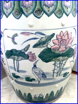 Chinese Ceramic Porcelain Garden Stool Pink Blue Green Lotus Motif Lily Pad Bird