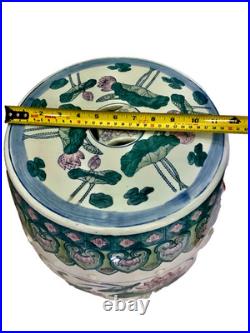 Chinese Ceramic Porcelain Garden Stool Pink Blue Green Lotus Motif Lily Pad Bird
