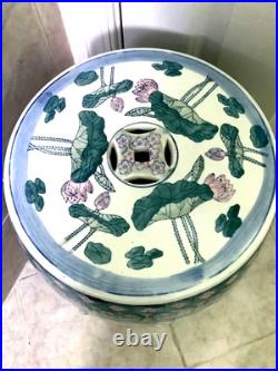 Chinese Ceramic Porcelain Garden Stool Pink Blue Green Lotus Motif Lily Pad Bird
