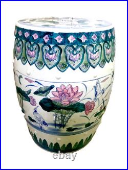 Chinese Ceramic Porcelain Garden Stool Pink Blue Green Lotus Motif Lily Pad Bird