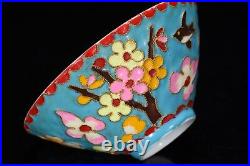 Chinese Cloisonne Porcelain Handmade Flower Bird Pattern Bamboo Hat Bowl 10454