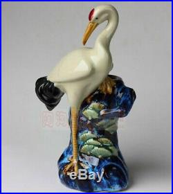 Chinese Color Porcelain Bird Red-crowned crane Tree Brush Pot Pencil Vase Statue