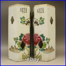 Chinese Famille-rose Porcelain Flower Bird Phoenix Hexagon Hollow Hat Tube Pair