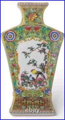 Chinese Green Fan Birds Floral Porcelain Petite Vase-10.25h