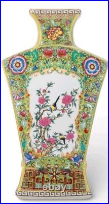Chinese Green Fan Birds Floral Porcelain Petite Vase-10.25h