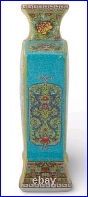 Chinese Green Fan Birds Floral Porcelain Petite Vase-10.25h