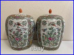 Chinese Pair of Famille Rose Porcelain Ginger Jars with Figures Floral & Bird Dec