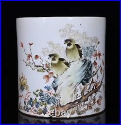 Chinese Pastel Porcelain Hand Painted Flower and Bird Pattern Brush Pot 12470