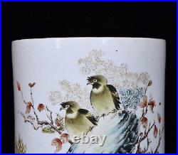 Chinese Pastel Porcelain Hand Painted Flower and Bird Pattern Brush Pot 12470