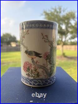 Chinese Porcelain Brush Pot Blue Pink Green Bird Floral Motif 12cm