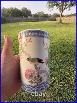 Chinese Porcelain Brush Pot Blue Pink Green Bird Floral Motif 12cm