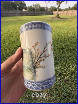 Chinese Porcelain Brush Pot Blue Pink Green Bird Floral Motif 12cm