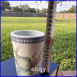 Chinese Porcelain Brush Pot Blue Pink Green Bird Floral Motif 12cm