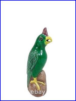 Chinese Porcelain Figure of a Green Parrot Standing atop Rockwork 6.5