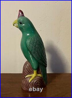 Chinese Porcelain Figure of a Parrot Standing atop Rockwork