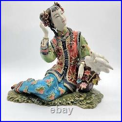 Chinese Porcelain Maiden With Crane Beautiful Woman Figurine 8 tall READ