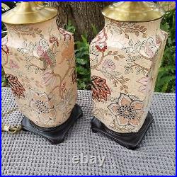 Chinese Porcelain Painted Floral Birds Vintage Table Lamps Pair MCM Rose Pink Lg