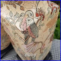 Chinese Porcelain Painted Floral Birds Vintage Table Lamps Pair MCM Rose Pink Lg