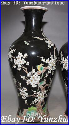 Chinese Porcelain Plum Double Magpie Bird Flower Vase Bottle Pitcher Statue Pair