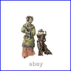 Chinese Porcelain Qing Style Dressing Birds Pedestal Lady Figure ws3699