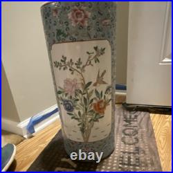 Chinese Porcelain Vase Multi-Color Floral Bird Motif Cylindrical Marked