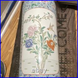Chinese Porcelain Vase Multi-Color Floral Bird Motif Cylindrical Marked