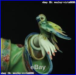 Chinese Pottery Wucai Porcelain Decoration Royal Woman Girl Parrot Bird Statue