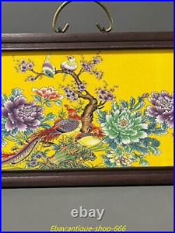 Chinese Red Wood Famille Rose Porcelain peony bird wood Hang a plaque Thangka