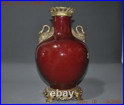 Chinese Red glaze porcelain Bonze Gilt Crane bird statue Zun Bottle Pot Vase Jar