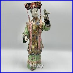 Chinese Shiwan Wucai Porcelain Ceramic Quing Dynasty Lady Holding A Bird/cb