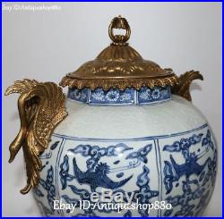 Chinese White Blue Porcelain Gilt Ancient Crane Birds Flower Vase Bottle Statue