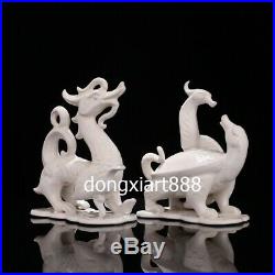 Chinese White Porcelain Myth four Immortals Beast Dragon Tiger Figurine Statue