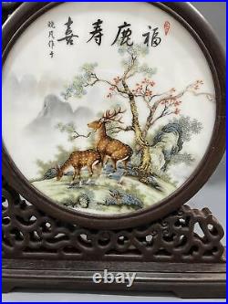 Chinese Wood Inlaid Porcelain Hand-made Rotation Bird Screen 17674
