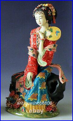 Chinese Wucai Porcelain Ceramic Figurine Belle Women Girl Flower Beautiful Lady