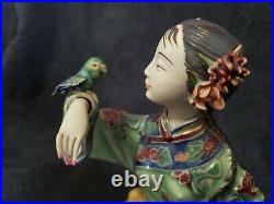 Chinese Wucai Porcelain Ceramic Happy Women Sitting w Bird Collectible Figurine