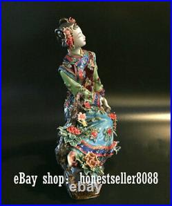 Chinese Wucai Porcelain pottery Ceramic Seat Lady Women Flower Happy Figurine