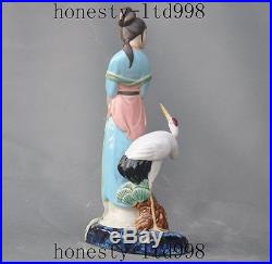 Chinese Wucai porcelain crane bird Anicnet classical belle girl Goddess statue