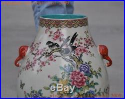 Chinese Wucai porcelain flower bird Elephant nose Zun Bottle Pot Vase Jar Statue